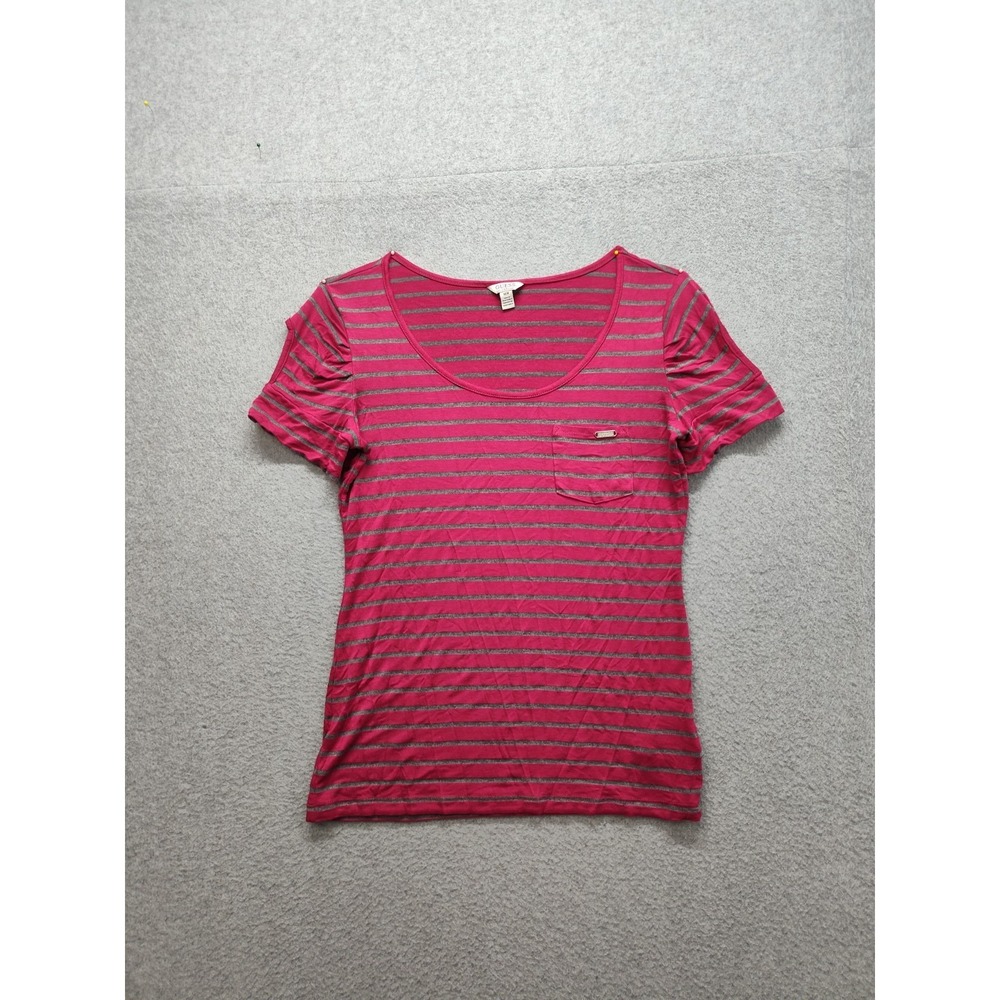 Guess Women Top M Pink Gray Striped Round Neck Chest Pocket Short Sleeve Casual